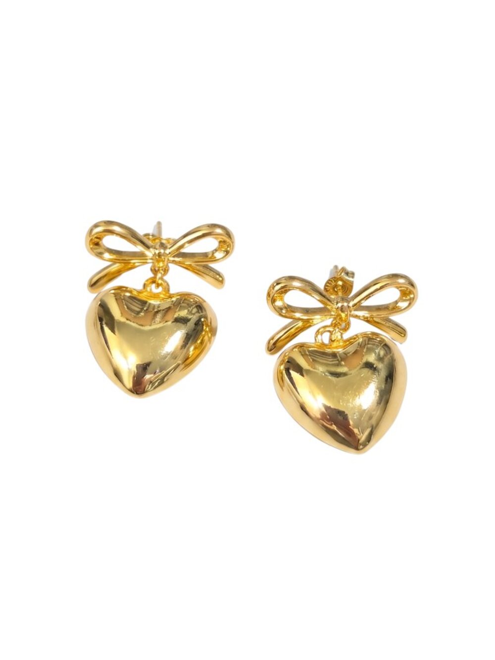 3/$20 NIP | Gold Puffy Heart Bow Statement Drop Earrings High Polish Romantic